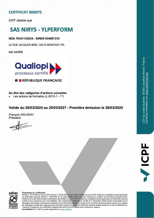 Certifications Ylperform 2023 - Qualiopi - ICPF - COFRAC